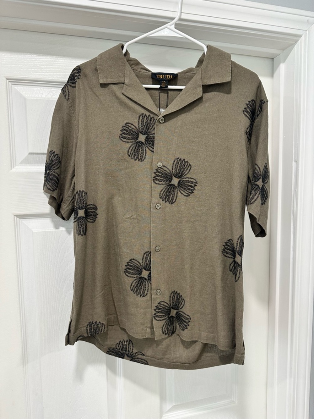 Unisex Linen Short-Sleeve Button-Down with Black Floral Print